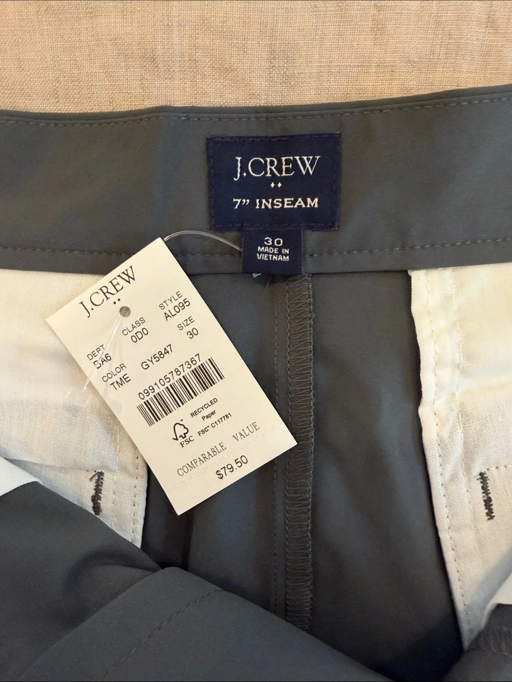 J. Crew Men's Flat Front Shorts — Charcoal Gray - Tech fabric- 7” inseam